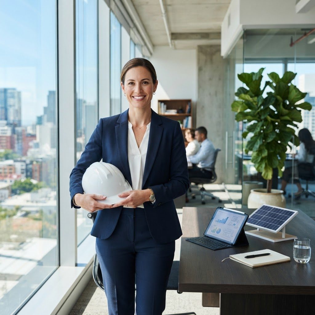 Manager reviewing compliance records at a desk with a solar panel model